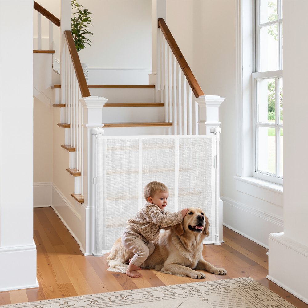 VEVOR Retractable Baby Gate, 34 inch Tall, Extends up to 71 inch Wide, Retractable Gate for Kids or Pets, Mesh Material, Easy to Install for Indoor Stairs, Doorways, Hallways, Playrooms, White