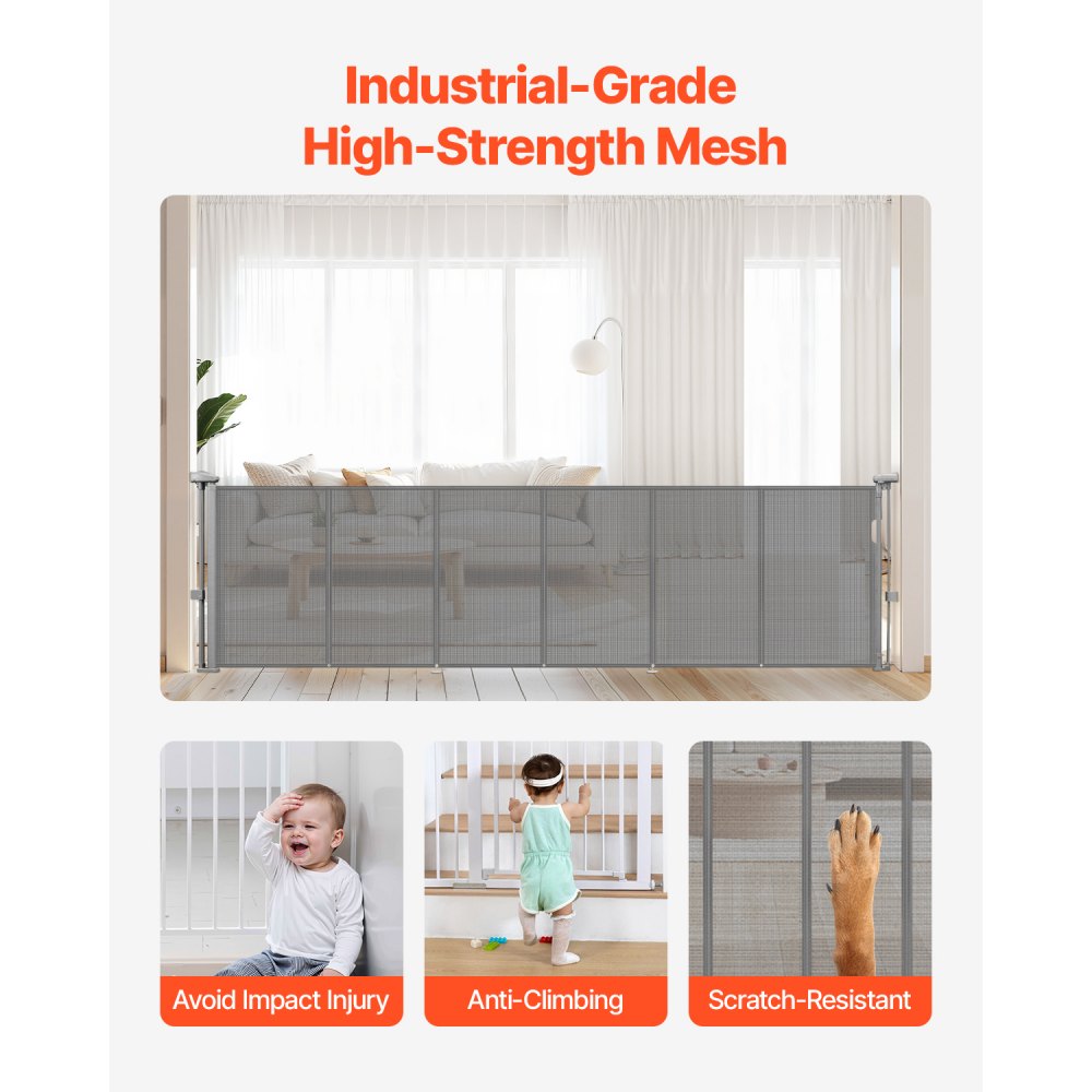 VEVOR Retractable Baby Gate, 34 inch Tall, Extends up to 110 inch Wide, Retractable Gate for Kids or Pets, Mesh Material, Easy to Install for Indoor Stairs, Doorways, Hallways, Playrooms, Gray