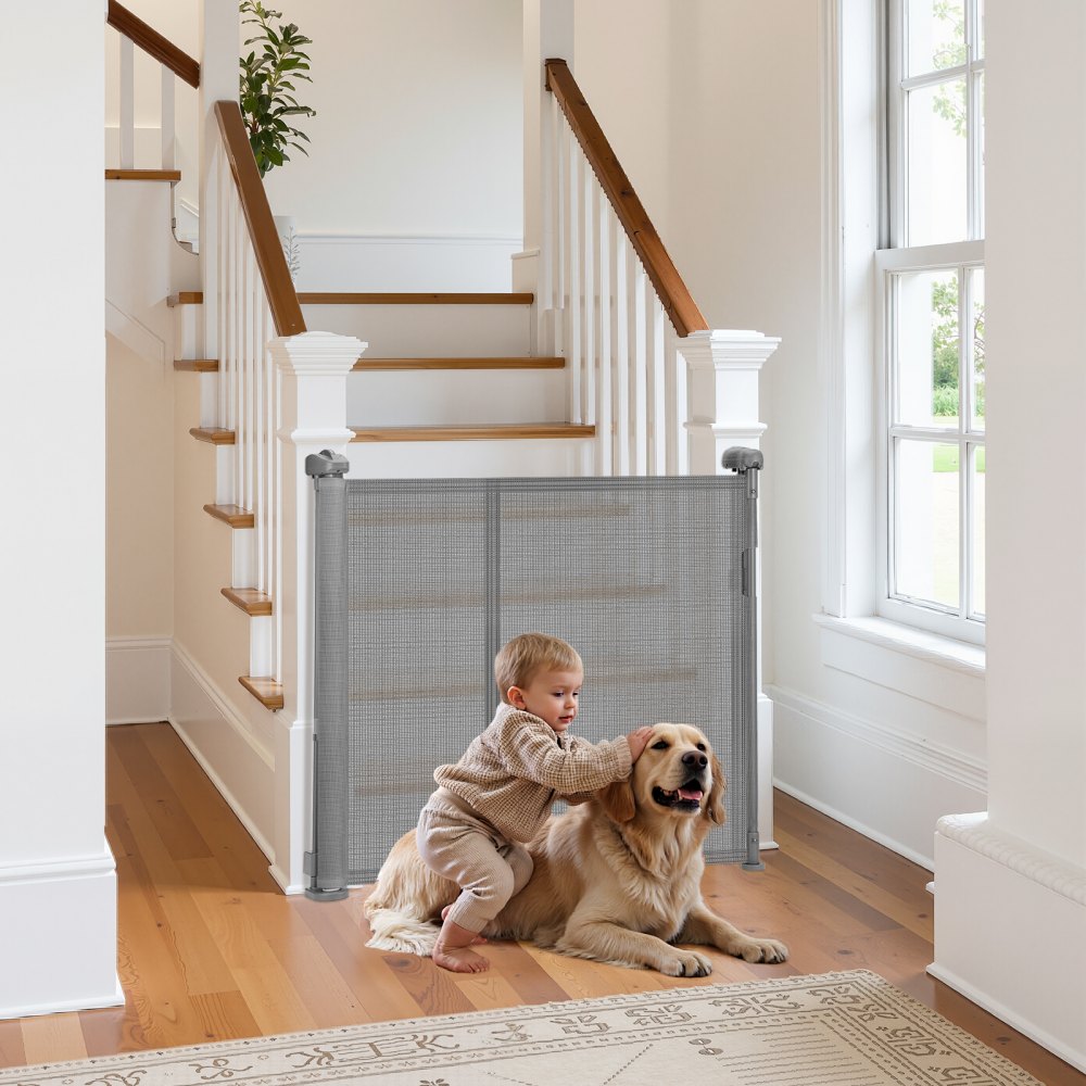 VEVOR Retractable Baby Gate, 34 inch Tall, Extends up to 110 inch Wide, Retractable Gate for Kids or Pets, Mesh Material, Easy to Install for Indoor Stairs, Doorways, Hallways, Playrooms, Gray