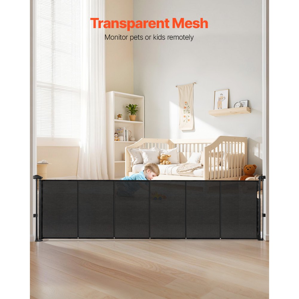 VEVOR Retractable Baby Gate, 34 inch Tall, Extends up to 110 inch Wide, Retractable Gate for Kids or Pets, Mesh Material, Easy to Install for Indoor Stairs, Doorways, Hallways, Playrooms, Black