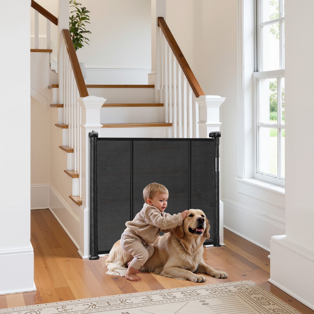 VEVOR Retractable Baby Gate, 34 inch Tall, Extends up to 110 inch Wide, Retractable Gate for Kids or Pets, Mesh Material, Easy to Install for Indoor Stairs, Doorways, Hallways, Playrooms, Black