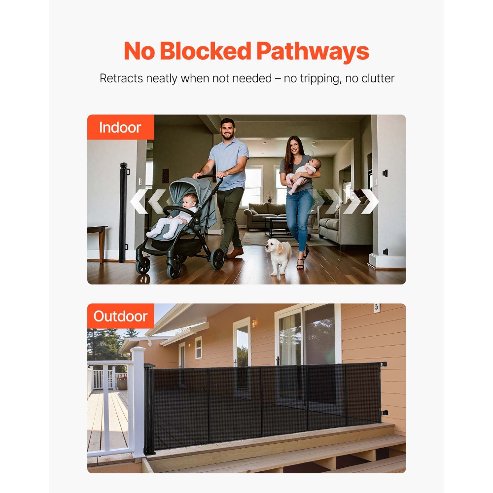 VEVOR Retractable Baby Gate, Extends to 122 inch Extra Wide, 31.3 inch Tall, with Reinforced Fiberglass Strips, Avoids Crawling Through, Mesh Dog Gate for Decks, Doorways, Garages, Indoor, Black