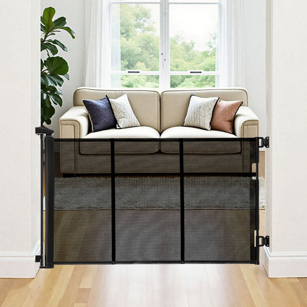 VEVOR Retractable Baby Gate, Extends to 122 inch Extra Wide, 31.3 inch Tall, with Reinforced Fiberglass Strips, Avoids Crawling Through, Mesh Dog Gate for Decks, Doorways, Garages, Indoor, Black