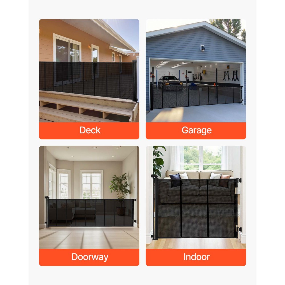VEVOR Retractable Baby Gate, Extends to 163.3 inch Extra Wide, 39 inch Tall, with Reinforced Fiberglass Strips, Avoids Crawling Through, Mesh Dog Gate for Decks, Doorways, Garages, Indoor, Black