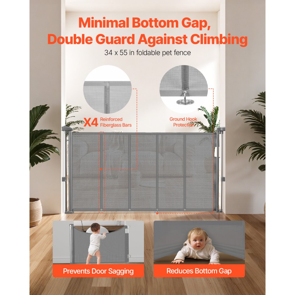 VEVOR Retractable Baby Gate, 34 inch Tall, Extends up to 55 inch Wide, Retractable Gate for Kids or Pets, Mesh Material, Easy to Install for Indoor Stairs, Doorways, Hallways, Playrooms, Gray
