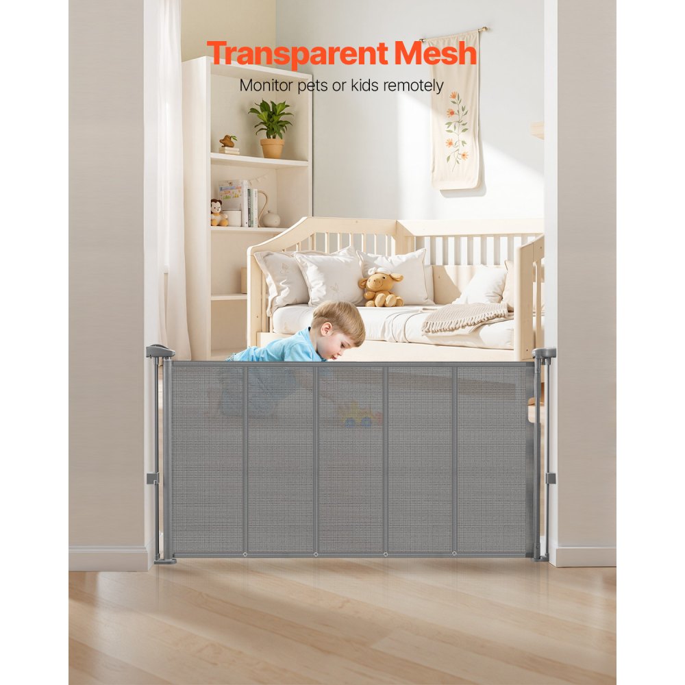 VEVOR Retractable Baby Gate, 34 inch Tall, Extends up to 55 inch Wide, Retractable Gate for Kids or Pets, Mesh Material, Easy to Install for Indoor Stairs, Doorways, Hallways, Playrooms, Gray