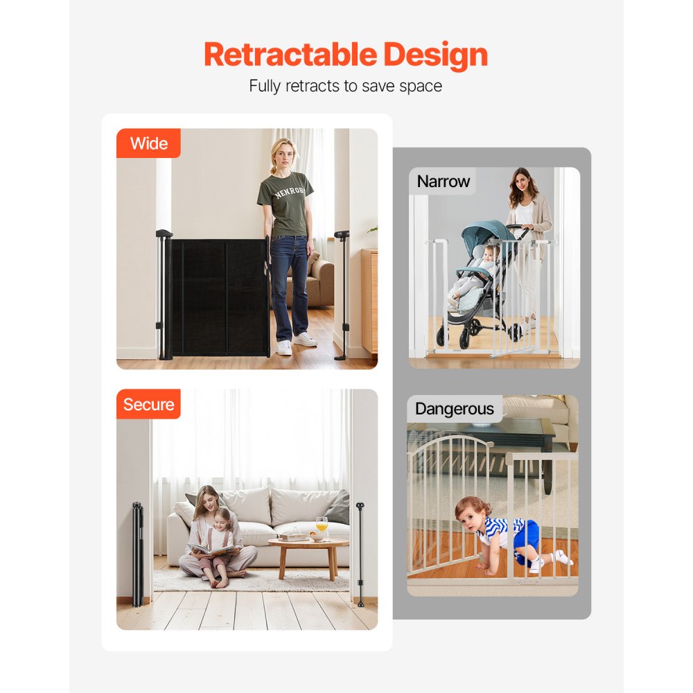 VEVOR Retractable Baby Gate, 34 inch Tall, Extends up to 55 inch Wide, Retractable Gate for Kids or Pets, Mesh Material, Easy to Install for Indoor Stairs, Doorways, Hallways, Playrooms, Black