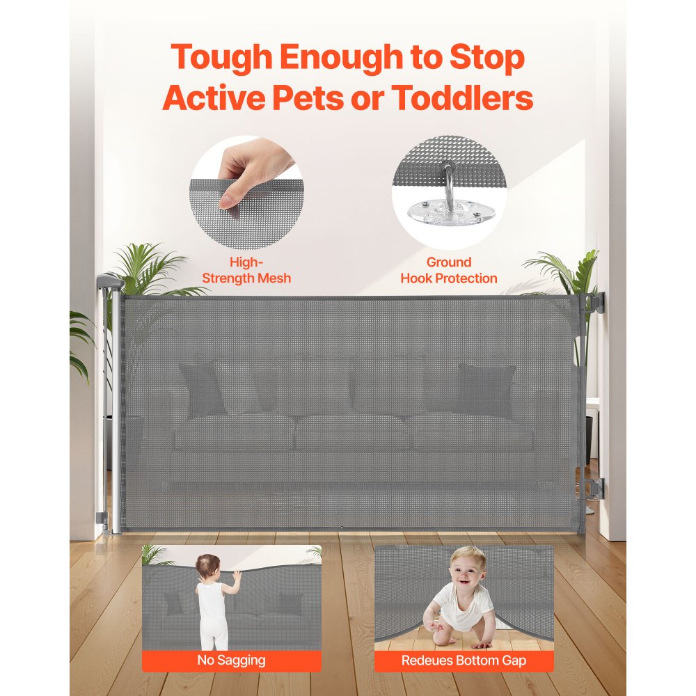 VEVOR Retractable Baby Gate, Extends to 56.3 inch Wide, 31.3 inch Tall, with Security Lock, Easy to Use, Walk Through Without Tripping, Mesh Dog Gate for Stairs, Hallways, Indoor/Outdoor, Gray