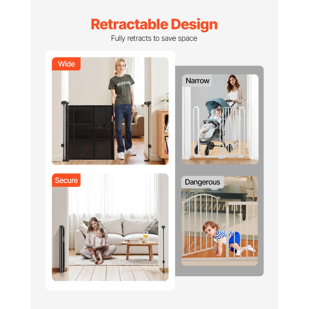 VEVOR Retractable Baby Gate, 34 inch Tall, Extends up to 71 inch Wide, Retractable Gate for Kids or Pets, Mesh Material, Easy to Install for Indoor Stairs, Doorways, Hallways, Playrooms, Black