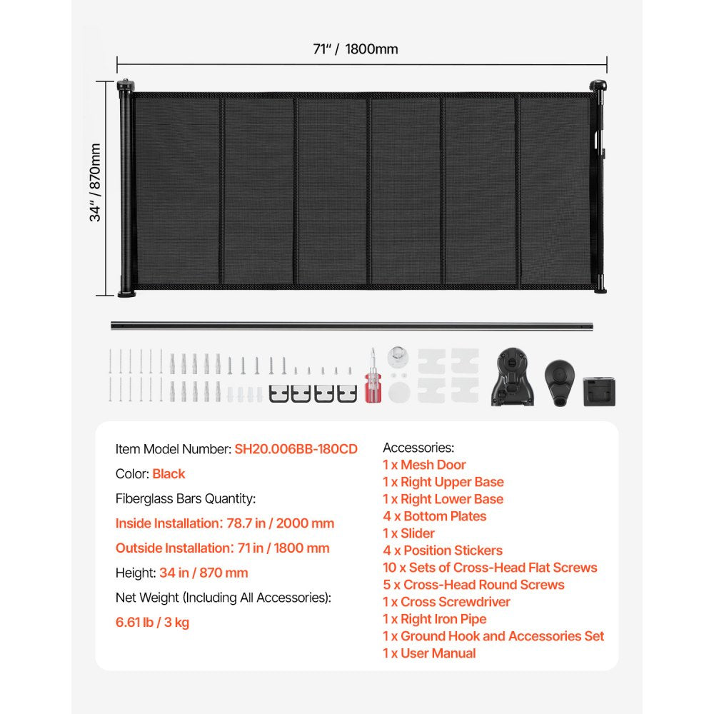 VEVOR Retractable Baby Gate, 34 inch Tall, Extends up to 71 inch Wide, Retractable Gate for Kids or Pets, Mesh Material, Easy to Install for Indoor Stairs, Doorways, Hallways, Playrooms, Black