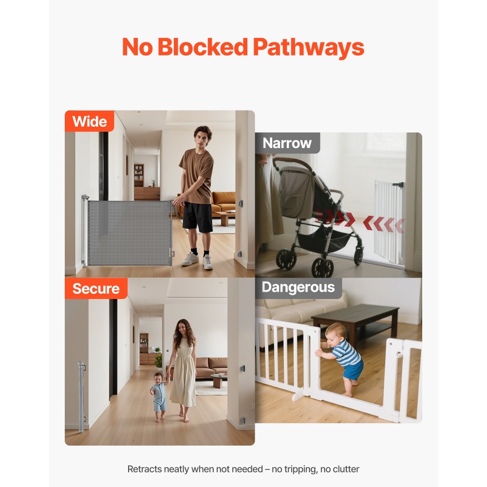 VEVOR Retractable Baby Gate, Extends to 72.8 inch Wide, 31.3 inch Tall, with Security Lock, Easy to Use, Walk Through Without Tripping, Mesh Dog Gate for Stairs, Hallways, Indoor/Outdoor, Gray