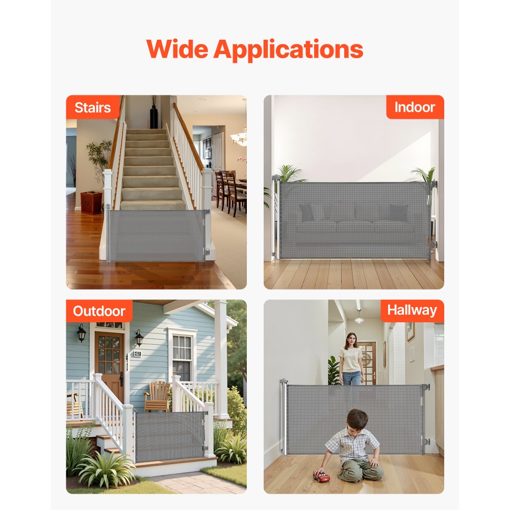 VEVOR Retractable Baby Gate, Extends to 72.8 inch Wide, 31.3 inch Tall, with Security Lock, Easy to Use, Walk Through Without Tripping, Mesh Dog Gate for Stairs, Hallways, Indoor/Outdoor, Gray