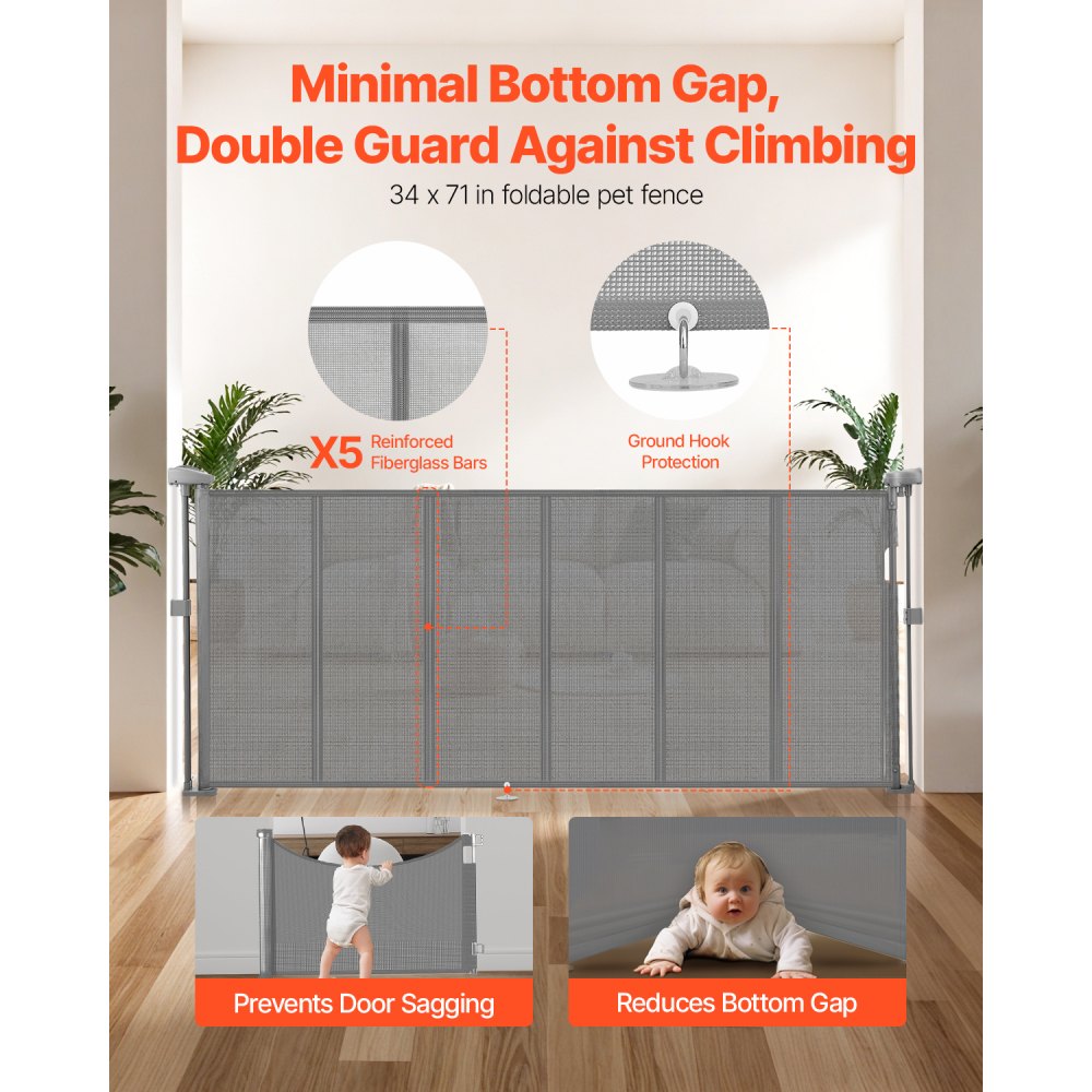 VEVOR Retractable Baby Gate, 34 inch Tall, Extends up to 71 inch Wide, Retractable Gate for Kids or Pets, Mesh Material, Easy to Install for Indoor Stairs, Doorways, Hallways, Playrooms, Gray
