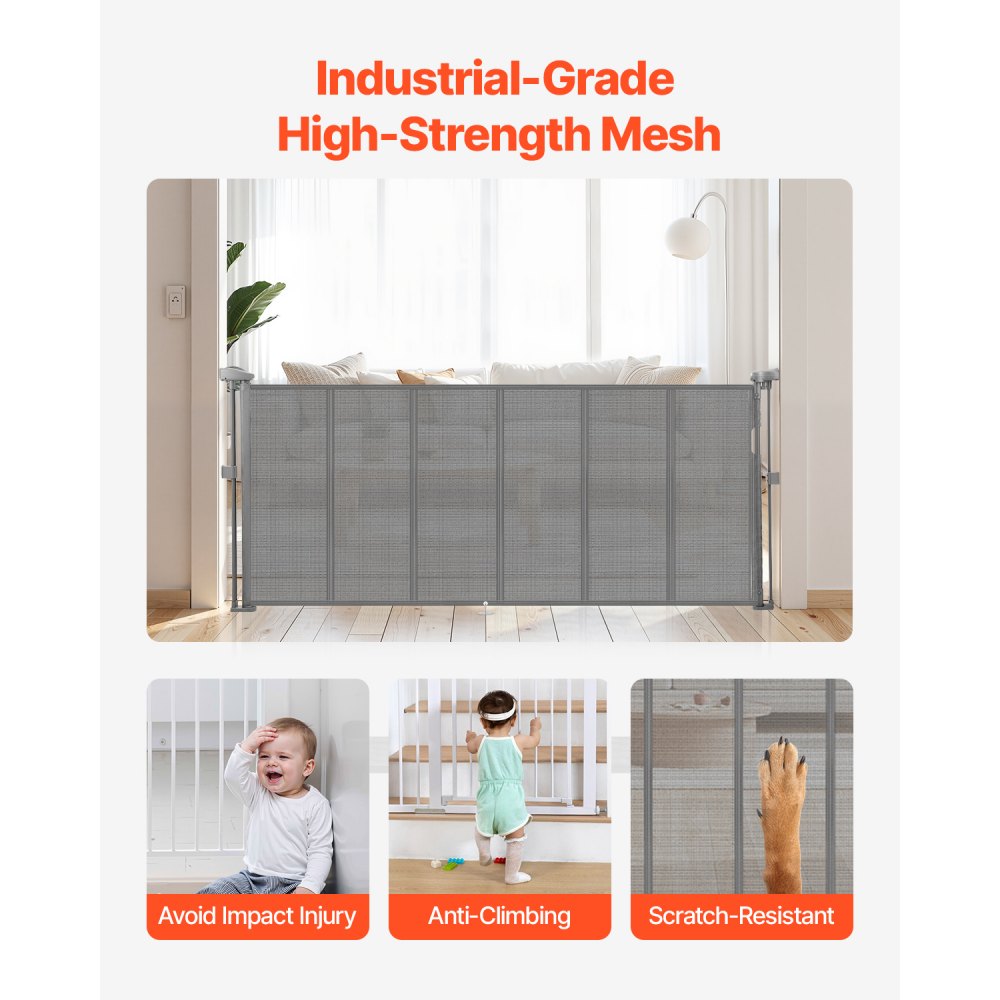 VEVOR Retractable Baby Gate, 34 inch Tall, Extends up to 71 inch Wide, Retractable Gate for Kids or Pets, Mesh Material, Easy to Install for Indoor Stairs, Doorways, Hallways, Playrooms, Gray