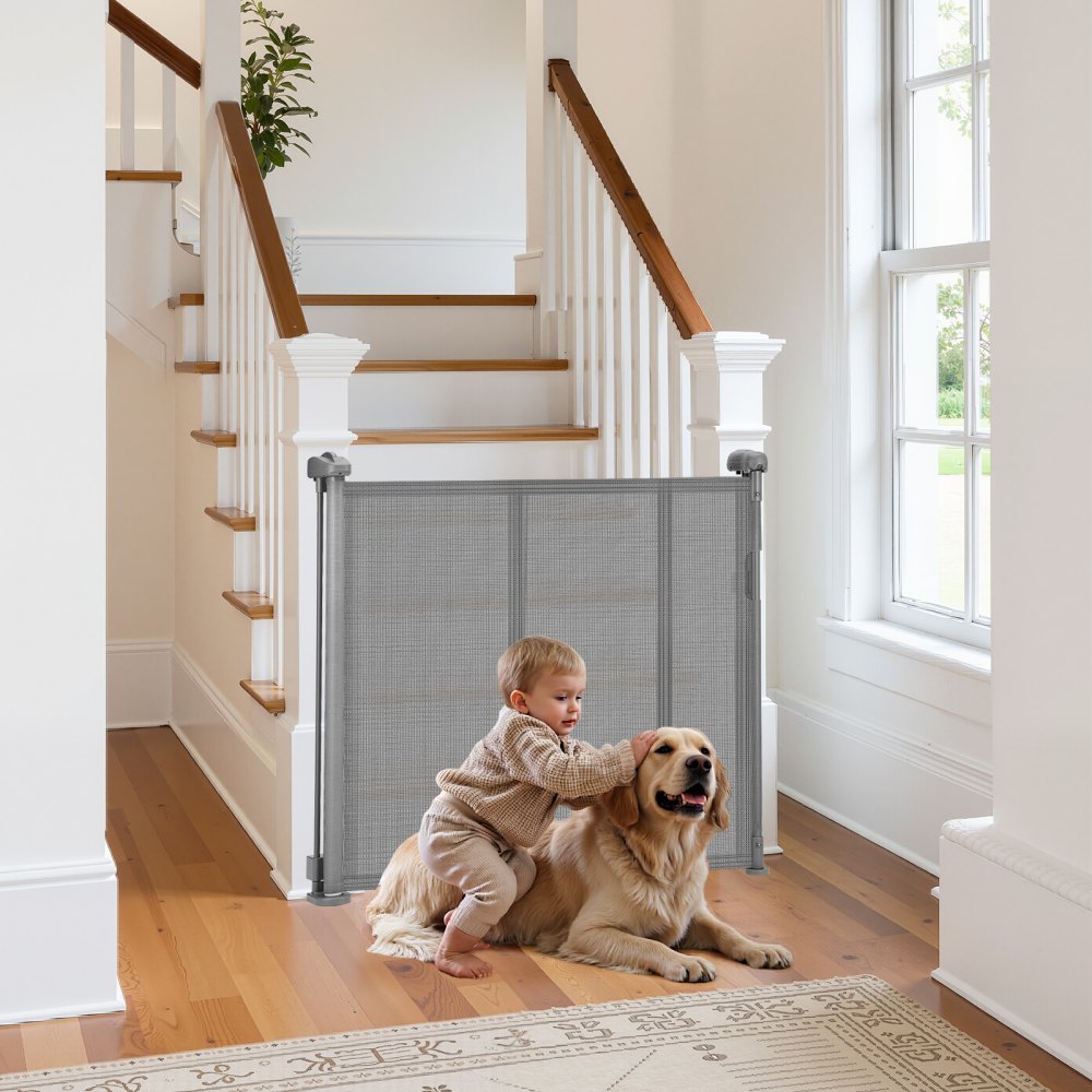 VEVOR Retractable Baby Gate, 34 inch Tall, Extends up to 71 inch Wide, Retractable Gate for Kids or Pets, Mesh Material, Easy to Install for Indoor Stairs, Doorways, Hallways, Playrooms, Gray