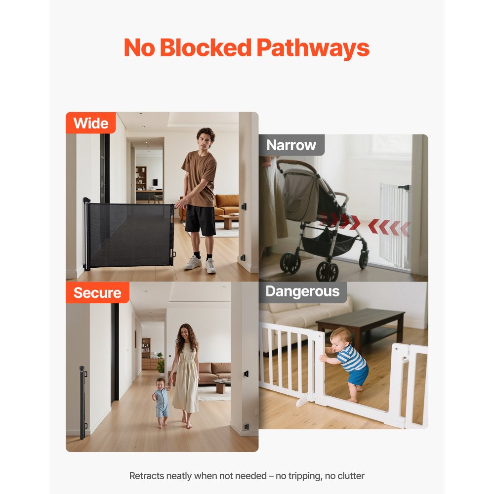 VEVOR Retractable Baby Gate, Extends to 72.8 inch Wide, 31.3 inch Tall, with Security Lock, Easy to Use, Walk Through Without Tripping, Mesh Dog Gate for Stairs, Hallways, Indoor/Outdoor, Black