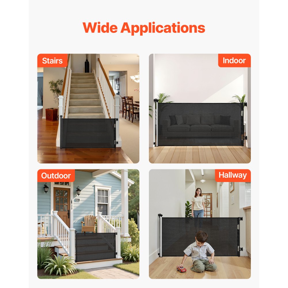 VEVOR Retractable Baby Gate, Extends to 72.8 inch Wide, 31.3 inch Tall, with Security Lock, Easy to Use, Walk Through Without Tripping, Mesh Dog Gate for Stairs, Hallways, Indoor/Outdoor, Black