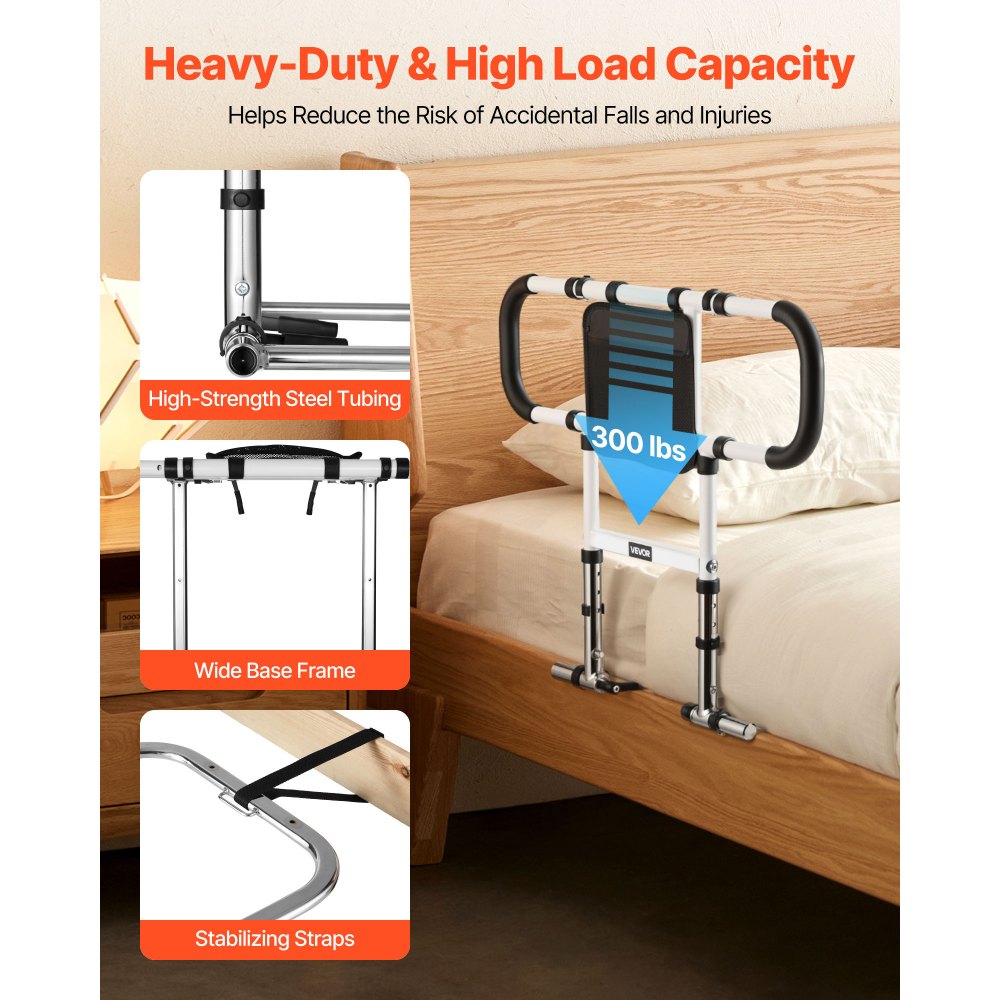 VEVOR Bed Rail for Elderly, Foldable & Extendable Bedside Assist Rail with Side Handles & PU Handrail, Adjustable Height Carbon Steel Pipe Bedside Cane, Senior Bed Bar Fits King, Queen, Full, Twin