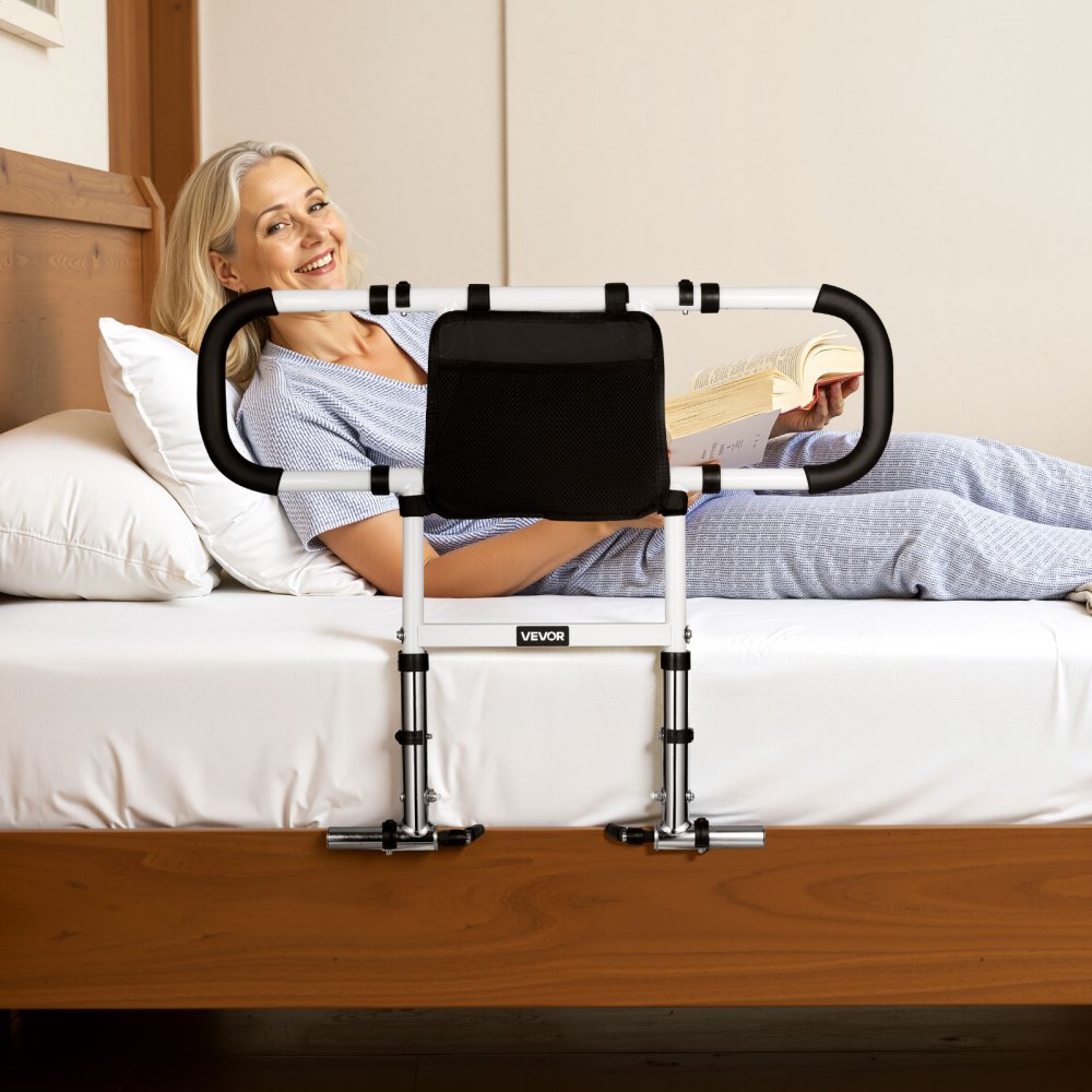 VEVOR Bed Rail for Elderly, Foldable & Extendable Bedside Assist Rail with Side Handles & PU Handrail, Adjustable Height Carbon Steel Pipe Bedside Cane, Senior Bed Bar Fits King, Queen, Full, Twin