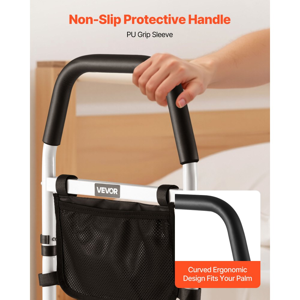 VEVOR Bed Rail for Elderly, Bedside Assist Rails with PU Handrail, Adjustable Height Pipe Bedside Cane, High-Strength Carbon Steel Bed Bars for Seniors & Patients, Fits King, Queen, Full, Twin