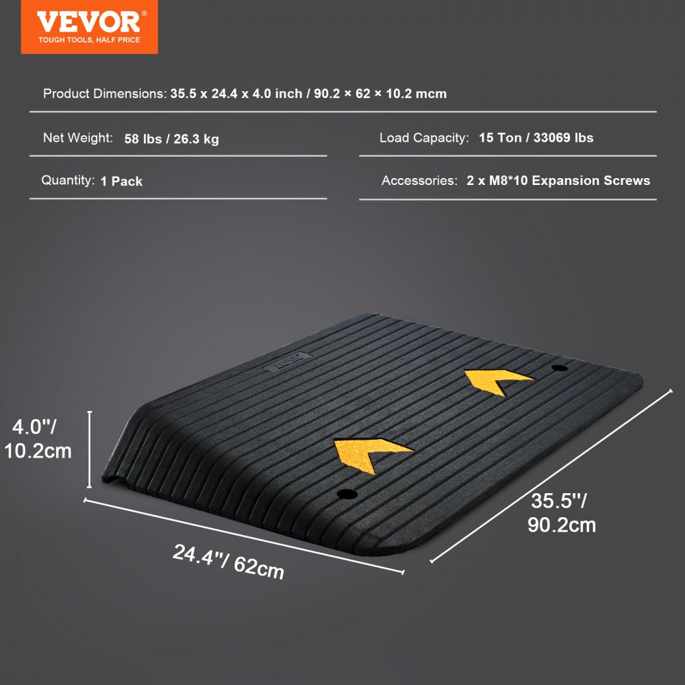 VEVOR Upgraded Rubber Threshold Ramp, 4" Rise Door Ramp with 1 Channel, Natural Rubber Car Ramp with Non-Slip Textured Surface, 33069 lbs Load Capacity Curb Ramp for Wheelchair and Scooter