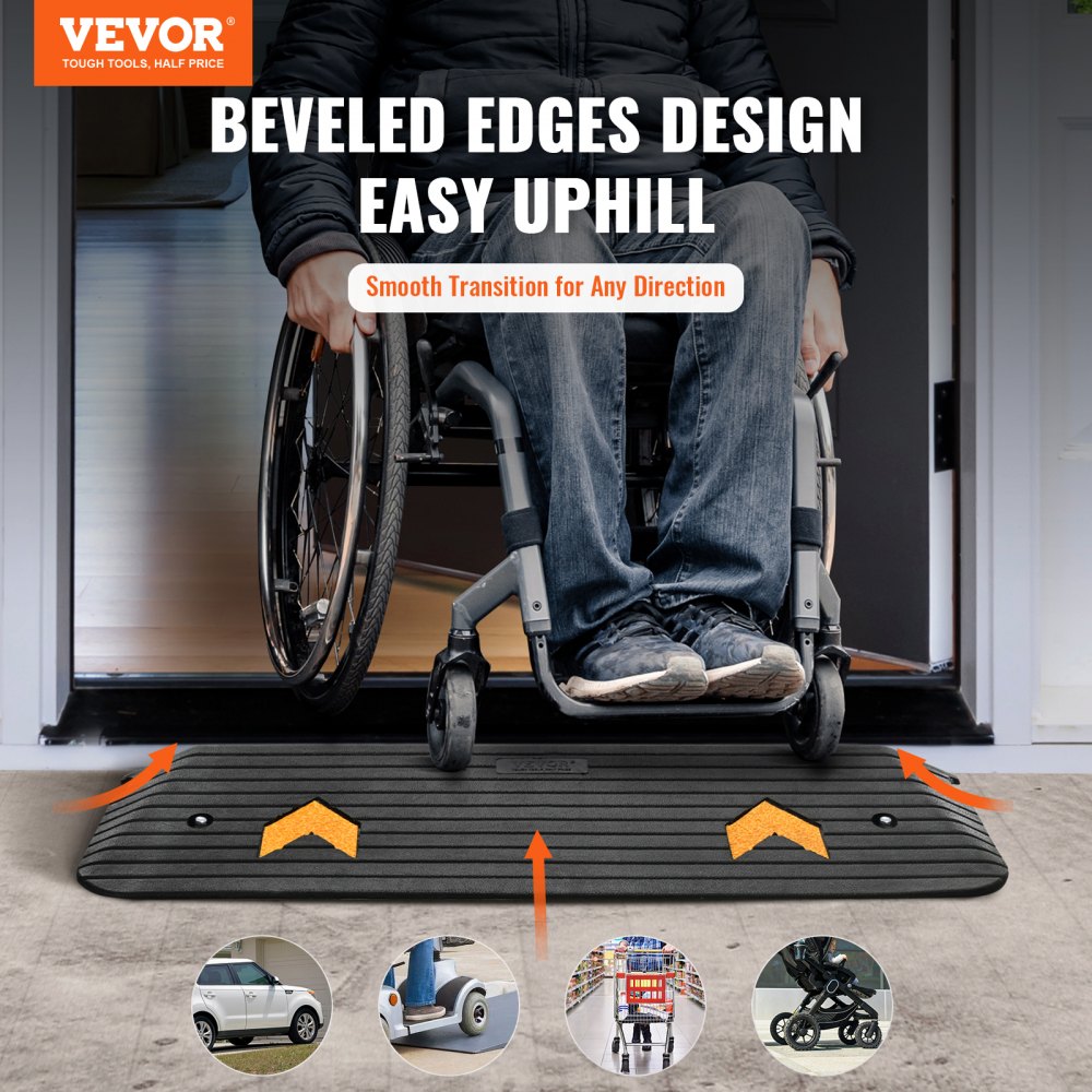 VEVOR Upgraded Rubber Threshold Ramp, 1" Rise Wheelchair Ramp Doorway, Natural Curb Ramp Rated 33069 lbs Load Capacity, Non-Slip Textured Surface Rubber Curb Ramp for Wheelchair and Scooter