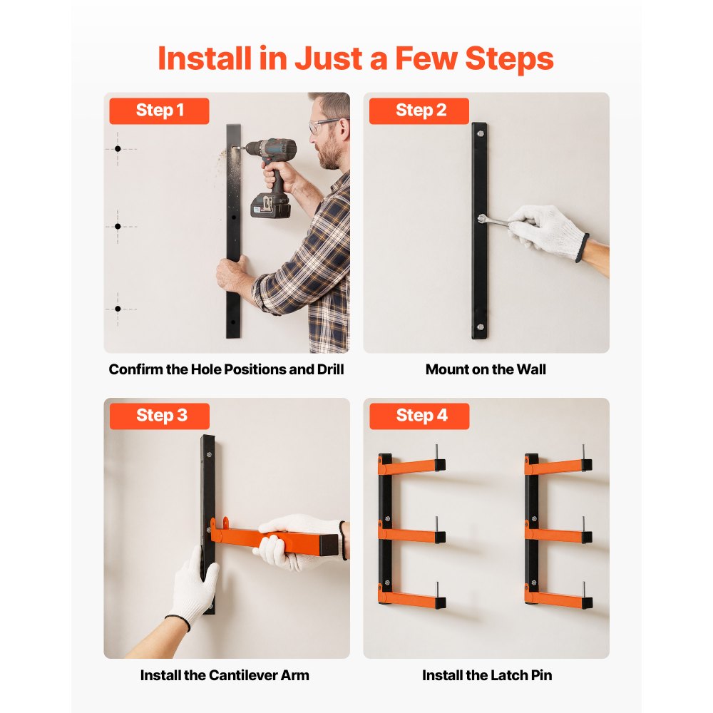 VEVOR Lumber Rack, 3-Tier 2-Pack 110 lbs per Tier, Foldable Wood Storage, Wall-mounted for Garages, Workshops, Warehouse, Basement, Heavy-Duty Cantilever Arms, Locking Pins, Steel, Orange & Black