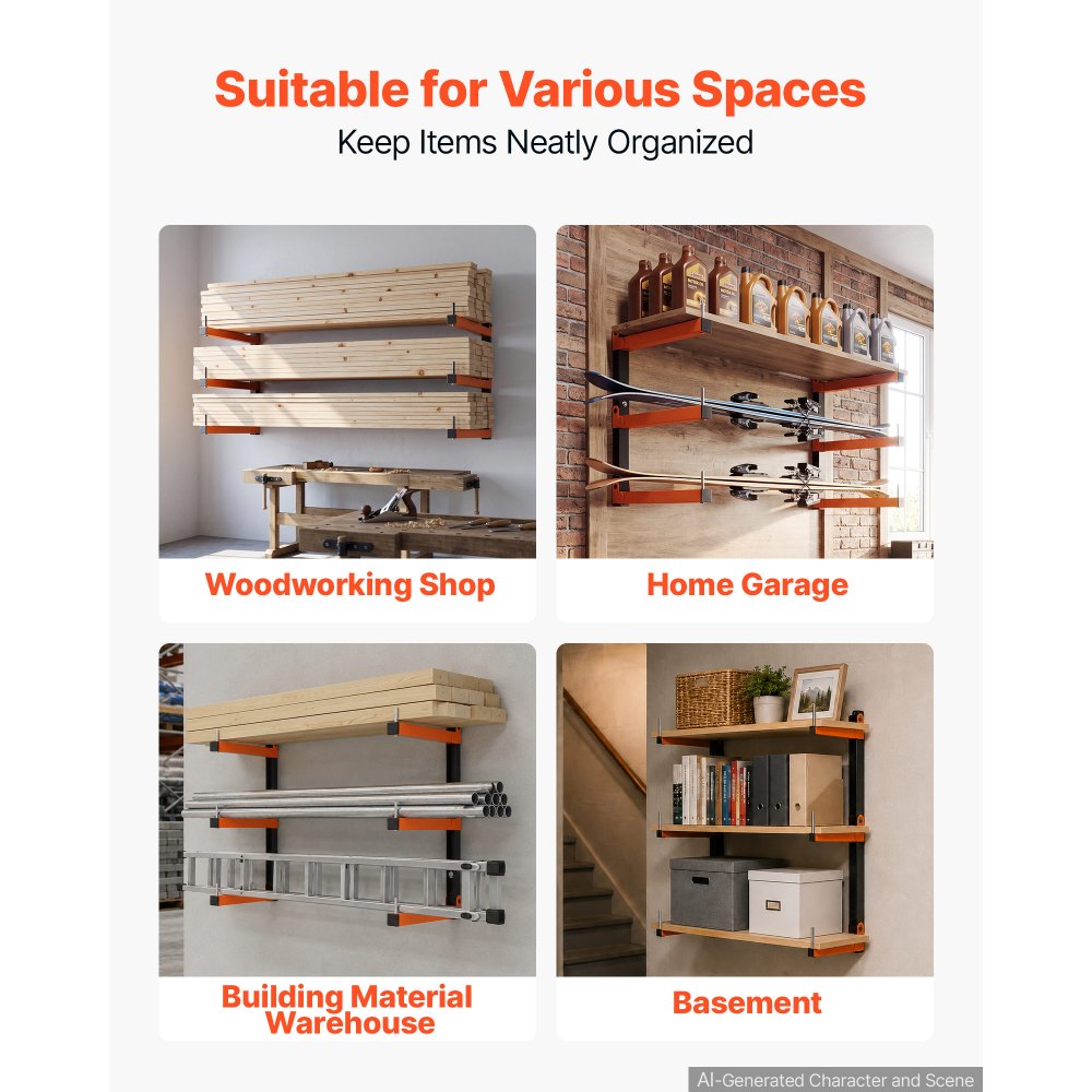 VEVOR Lumber Rack, 3-Tier 2-Pack 110 lbs per Tier, Foldable Wood Storage, Wall-mounted for Garages, Workshops, Warehouse, Basement, Heavy-Duty Cantilever Arms, Locking Pins, Steel, Orange & Black