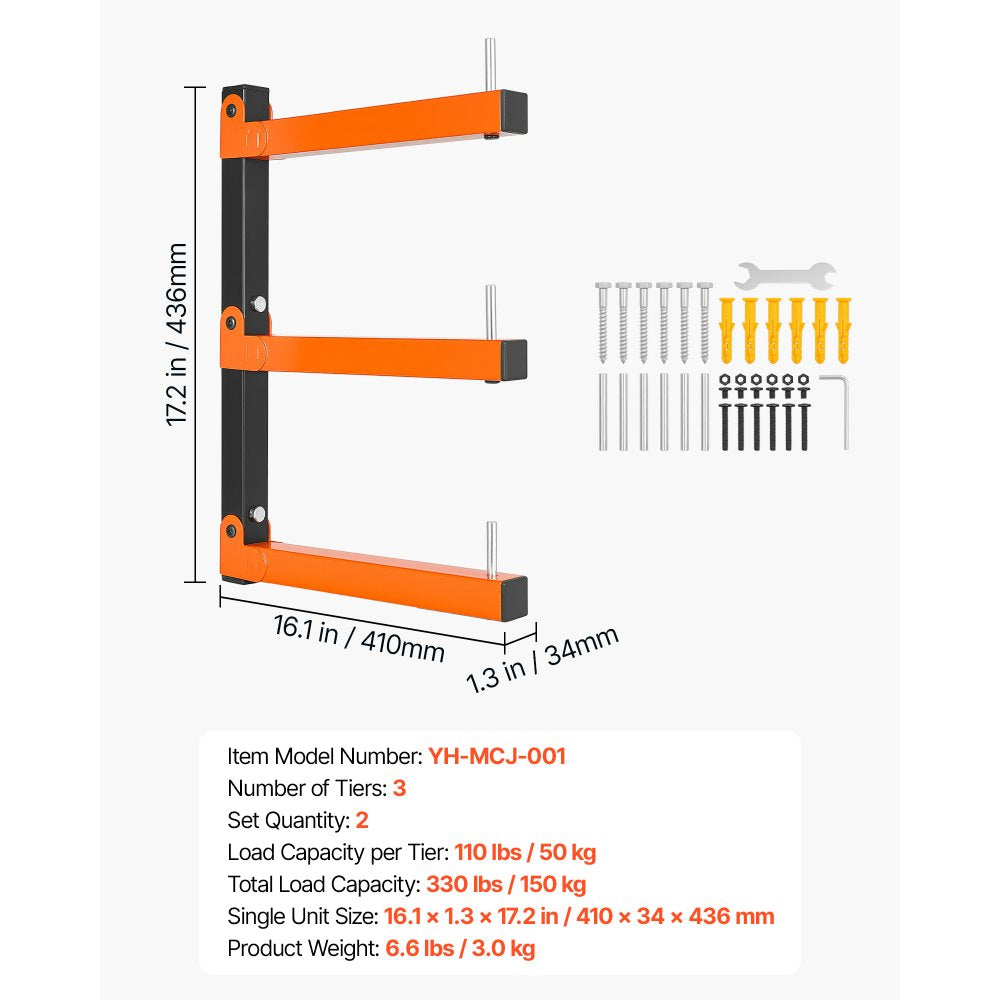 VEVOR Lumber Rack, 3-Tier 2-Pack 110 lbs per Tier, Foldable Wood Storage, Wall-mounted for Garages, Workshops, Warehouse, Basement, Heavy-Duty Cantilever Arms, Locking Pins, Steel, Orange & Black