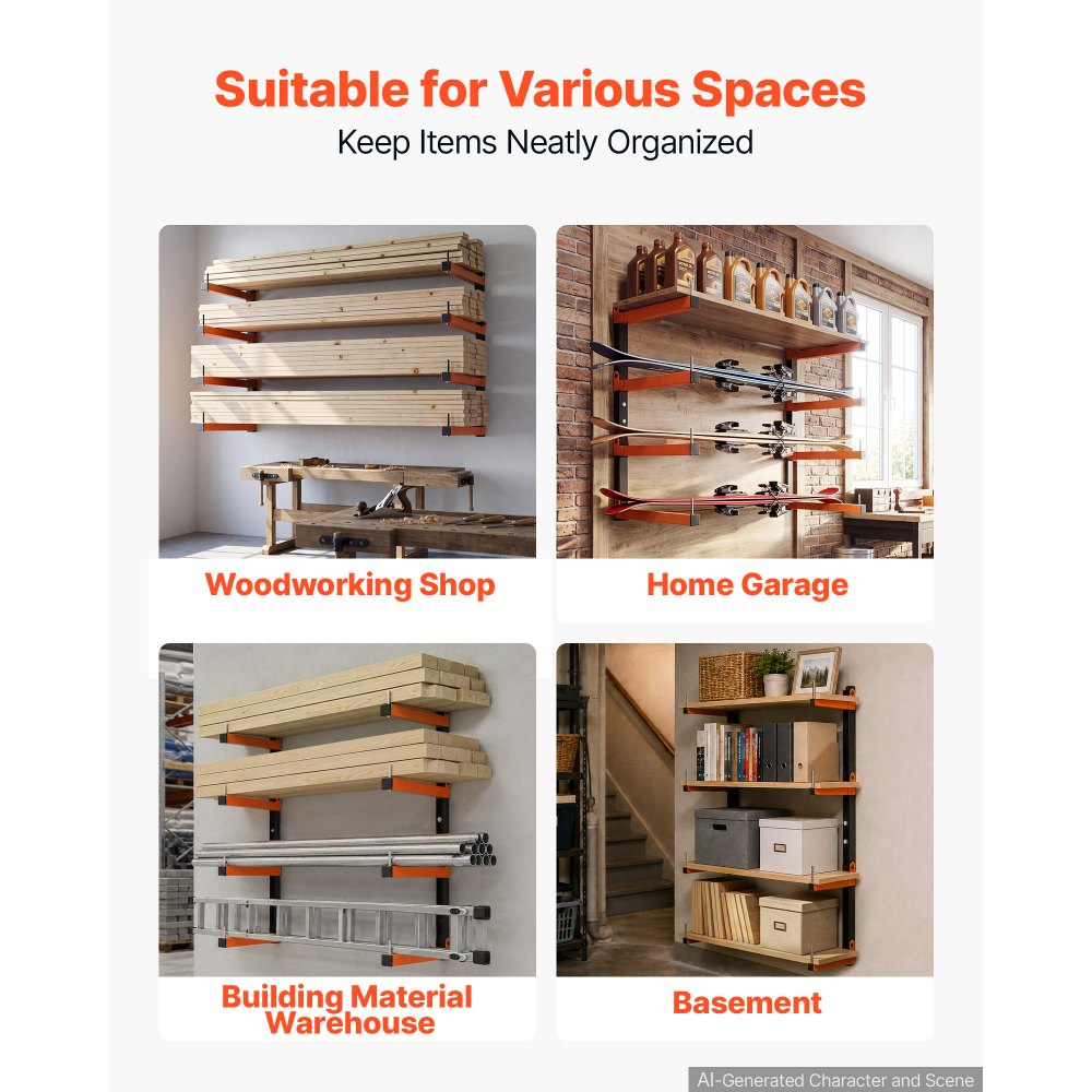 VEVOR Lumber Rack, 4-Tier 2-Pack 110 lbs per Tier, Foldable Wood Storage, Wall-mounted for Garages, Workshops, Warehouse, Heavy-Duty Cantilever Arms, 3-Level Adjustment, Steel, Orange & Black