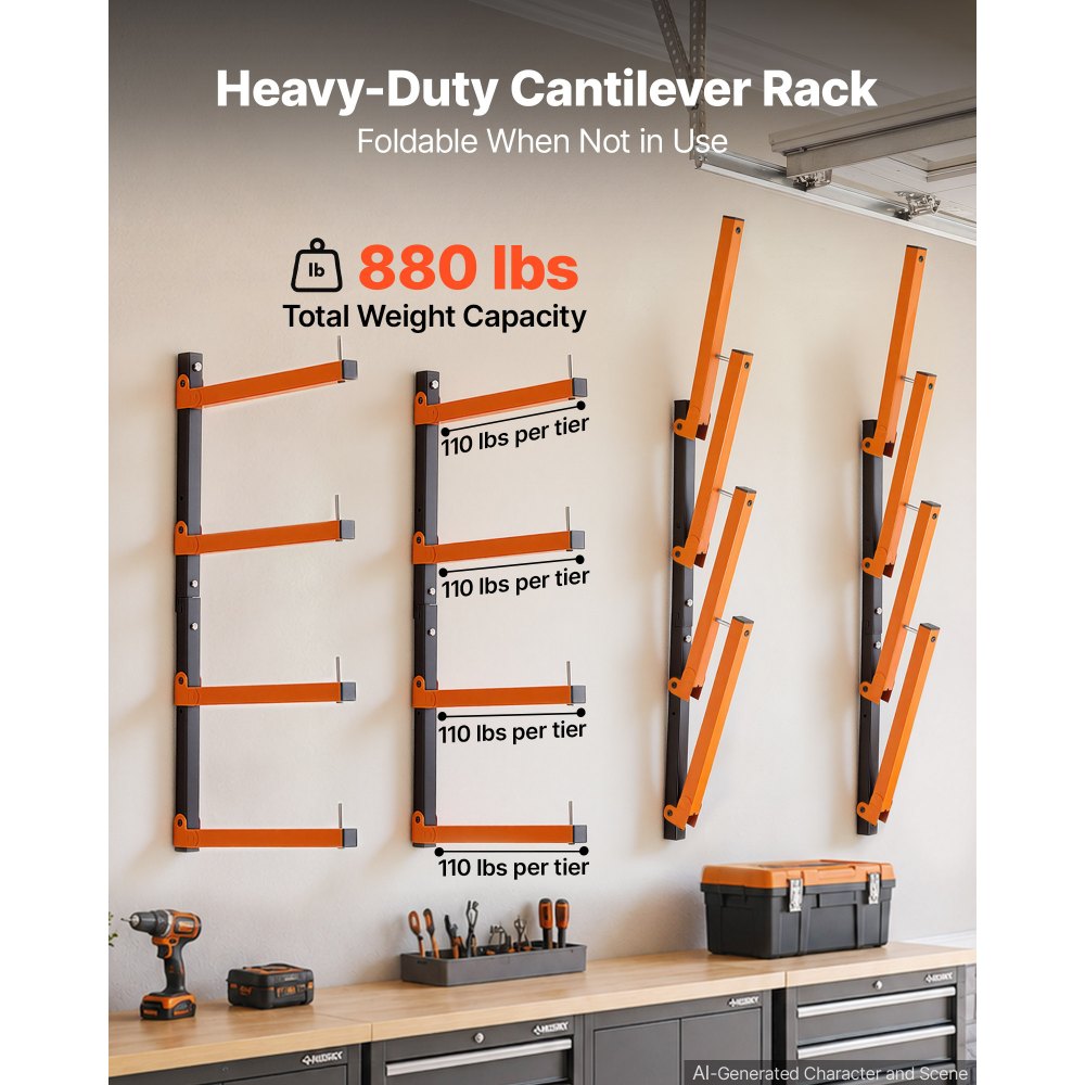 VEVOR Lumber Rack, 4-Tier 4-Pack 110 lbs per Tier, Foldable Wood Storage, Wall-mounted for Garages, Workshops, Warehouse, Heavy-Duty Cantilever Arms, 3-Level Adjustment, Steel, Orange & Black