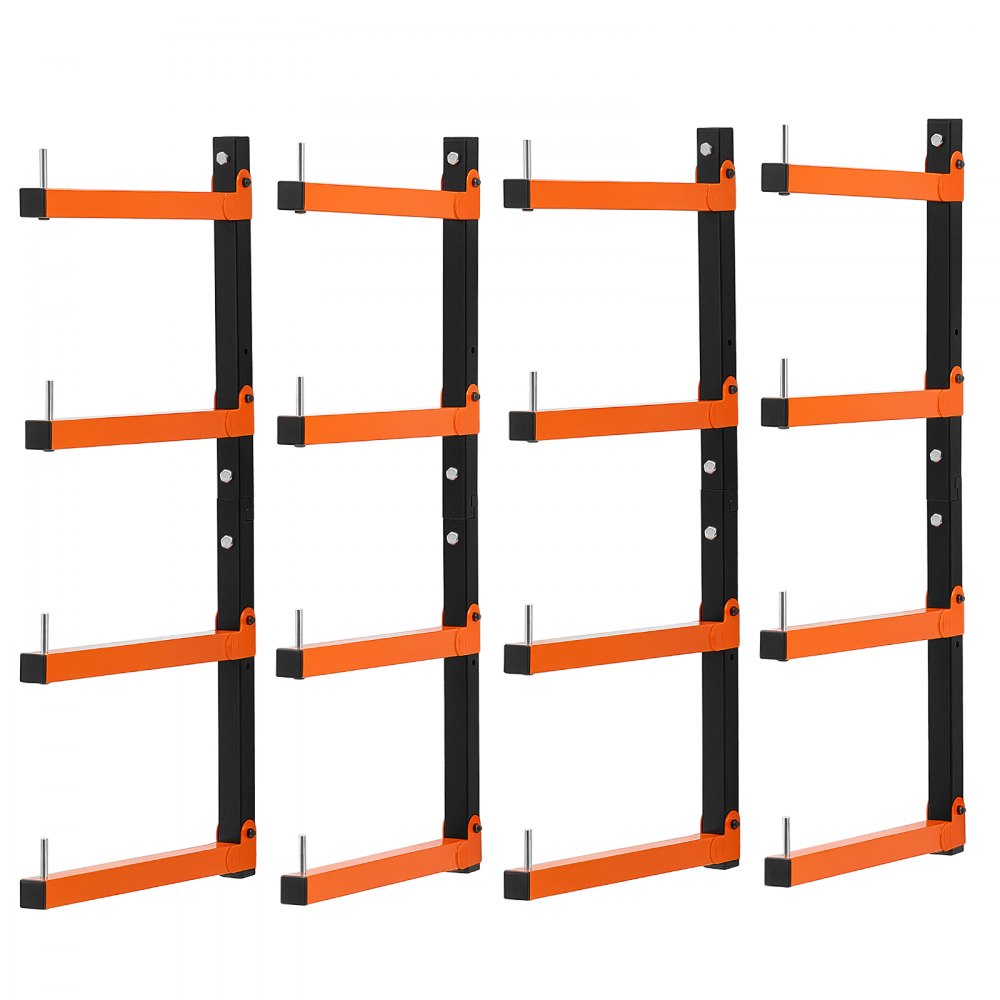 VEVOR Lumber Rack, 4-Tier 4-Pack 110 lbs per Tier, Foldable Wood Storage, Wall-mounted for Garages, Workshops, Warehouse, Heavy-Duty Cantilever Arms, 3-Level Adjustment, Steel, Orange & Black