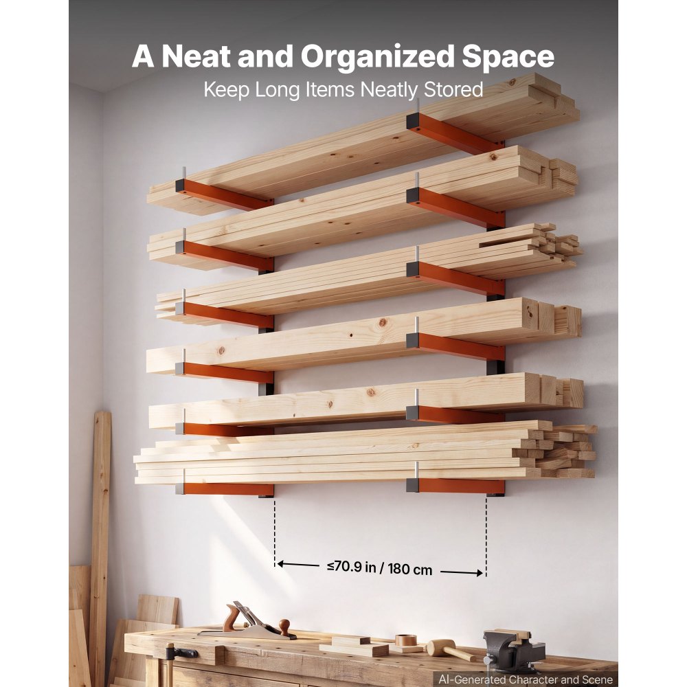 VEVOR Lumber Rack, 6-Tier 2-Pack 110 lbs per Tier, Foldable Wood Storage, Wall-mounted for Garages, Workshops, Warehouse, Basement, Heavy-Duty Cantilever Arms, Locking Pins, Steel, Orange & Black