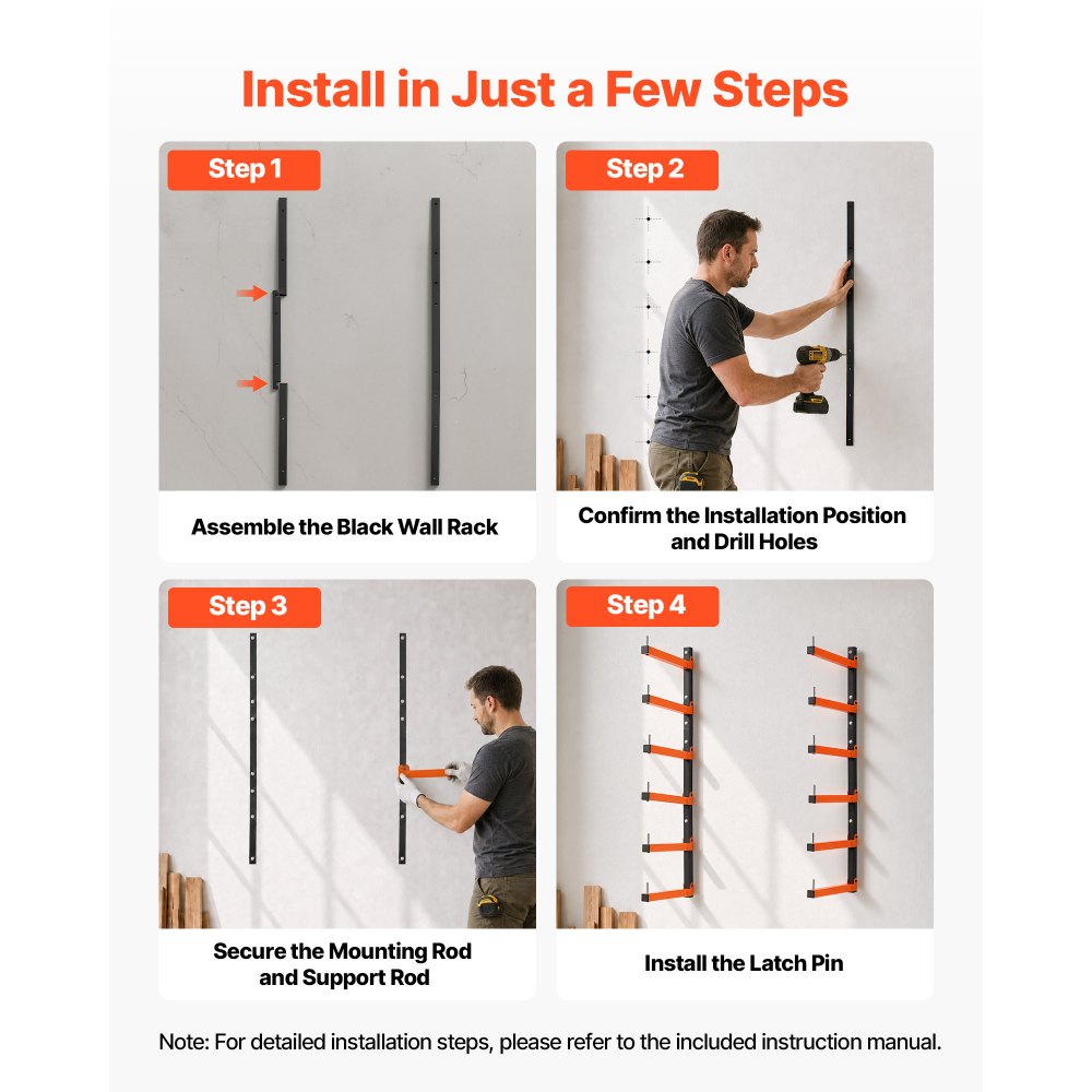 VEVOR Lumber Rack, 6-Tier 2-Pack 110 lbs per Tier, Foldable Wood Storage, Wall-mounted for Garages, Workshops, Warehouse, Basement, Heavy-Duty Cantilever Arms, Locking Pins, Steel, Orange & Black