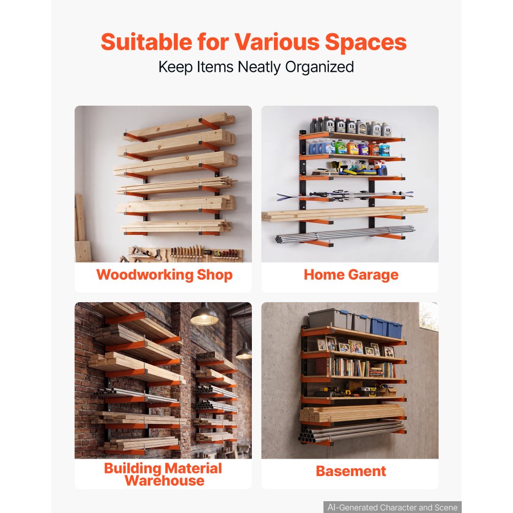 VEVOR Lumber Rack, 6-Tier 2-Pack 110 lbs per Tier, Foldable Wood Storage, Wall-mounted for Garages, Workshops, Warehouse, Basement, Heavy-Duty Cantilever Arms, Locking Pins, Steel, Orange & Black