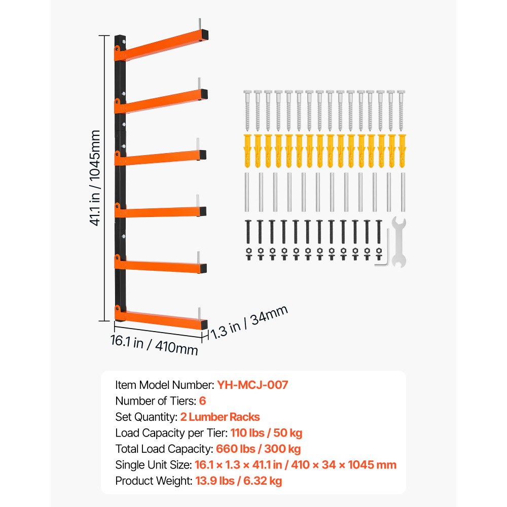 VEVOR Lumber Rack, 6-Tier 2-Pack 110 lbs per Tier, Foldable Wood Storage, Wall-mounted for Garages, Workshops, Warehouse, Basement, Heavy-Duty Cantilever Arms, Locking Pins, Steel, Orange & Black