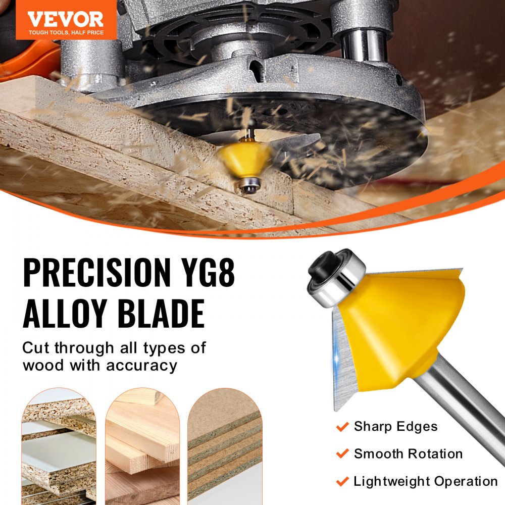 VEVOR Router Bits Set, 15 Pieces, Carbide Router Bit Kit with 1/4 Inch Shank, Plastic Carrying Case, Woodworking Tools for Professional and Beginners Carpenter, for Wood MDF Particle Board Plywood