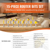 VEVOR Router Bits Set, 15 Pieces, Carbide Router Bit Kit with 1/4 Inch Shank, Plastic Carrying Case, Woodworking Tools for Professional and Beginners Carpenter, for Wood MDF Particle Board Plywood