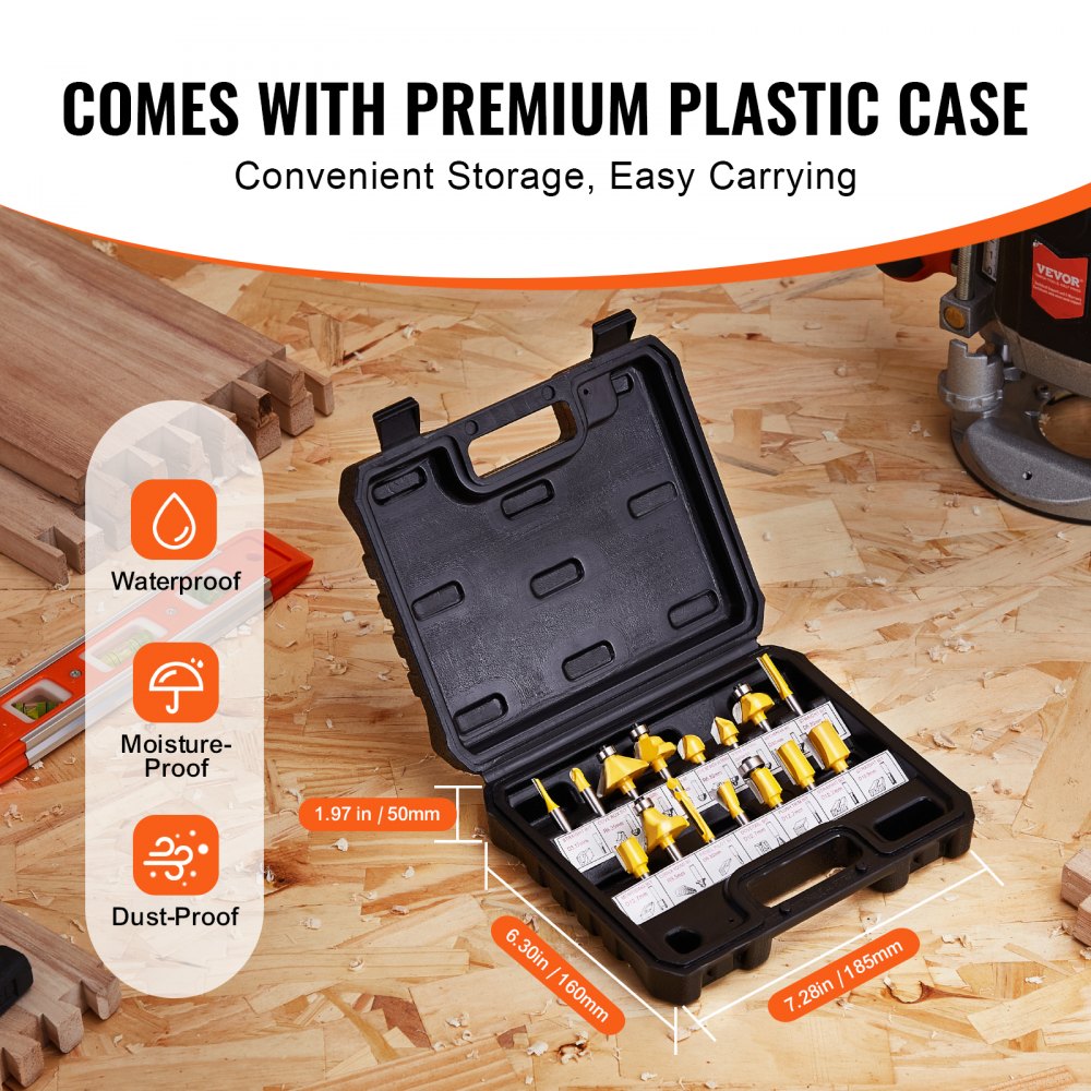 VEVOR Router Bits Set, 15 Pieces, Carbide Router Bit Kit with 1/4 Inch Shank, Plastic Carrying Case, Woodworking Tools for Professional and Beginners Carpenter, for Wood MDF Particle Board Plywood
