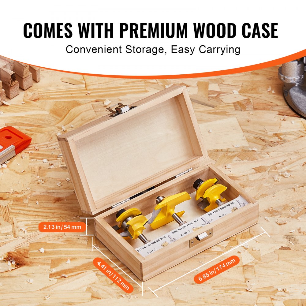 VEVOR Router Bits Set, 3 Pieces, Carbide Router Bit Kit with 1/4 Inch Shank, Wood Carrying Case, Woodworking Tools for Professional and Beginners Carpenter, for Wood MDF Particle Board Plywood