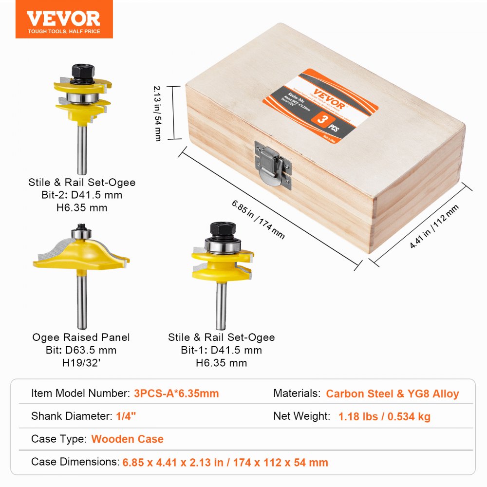 VEVOR Router Bits Set, 3 Pieces, Carbide Router Bit Kit with 1/4 Inch Shank, Wood Carrying Case, Woodworking Tools for Professional and Beginners Carpenter, for Wood MDF Particle Board Plywood