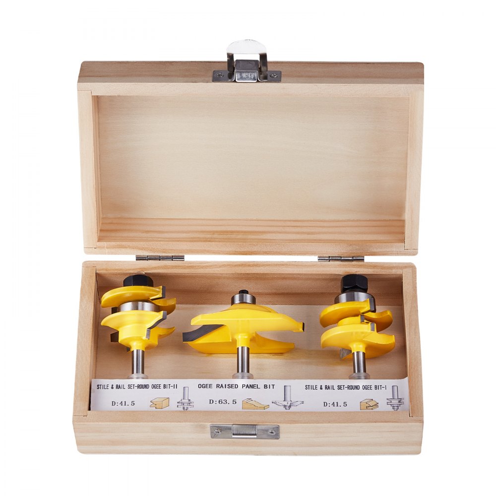 VEVOR Router Bits Set, 3 Pieces, Carbide Router Bit Kit with 1/4 Inch Shank, Wood Carrying Case, Woodworking Tools for Professional and Beginners Carpenter, for Wood MDF Particle Board Plywood