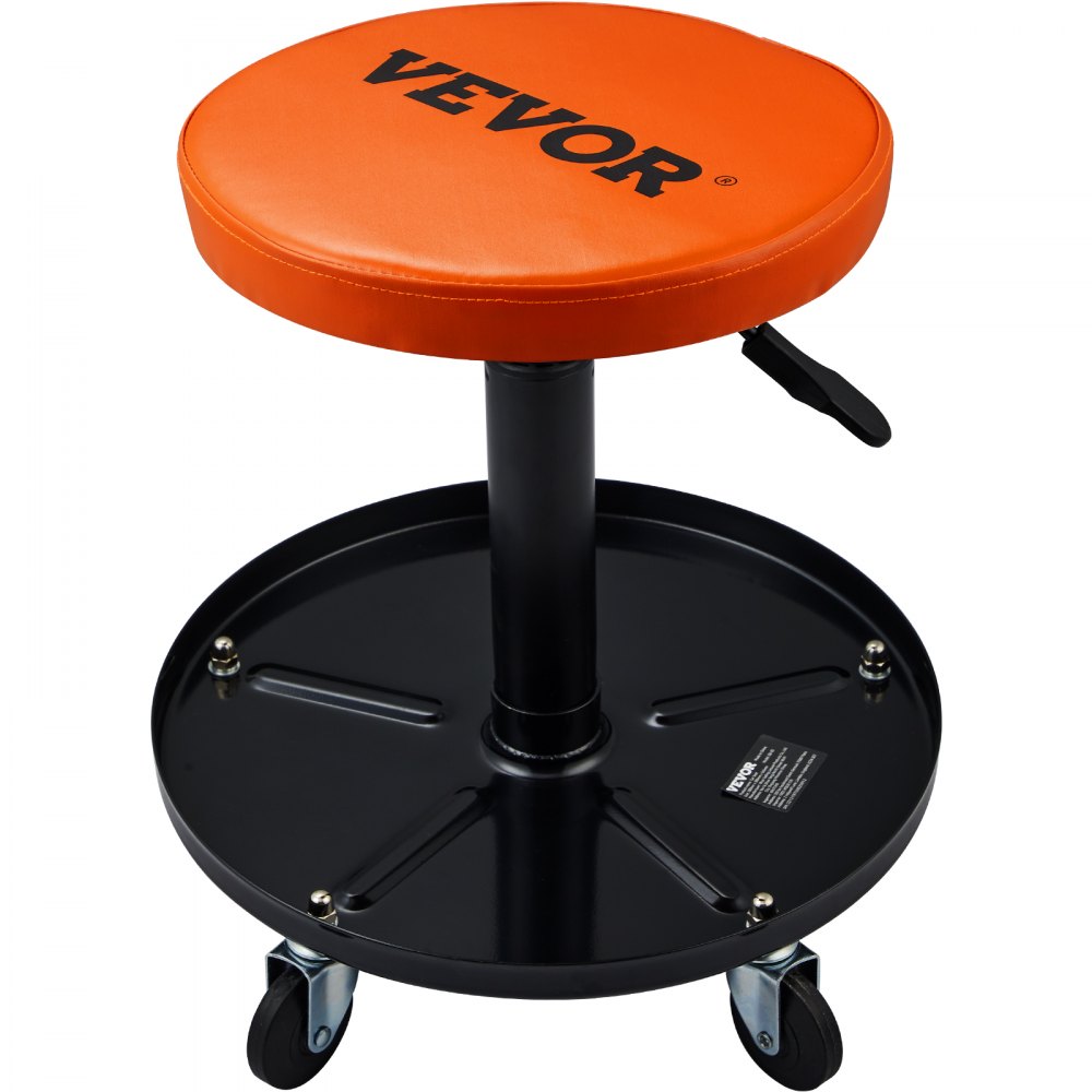 VEVOR Mechanic Stool, 250 LBS Rolling Pneumatic Creeper Garage/Shop Seat, Adjustable Height 22 in-28 in Padded Rolling Workshop Stool with Tool Tray, for Garage, Shop, Auto Repair, Black+Orange