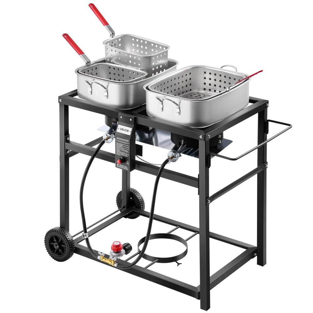VEVOR Outdoor Propane Deep Fryer, Dual-Tank 18QTx2 Commercial Fryer, Multi-Purpose Portable Frying Cart with Wheel, 3 Basket, 2 Thermometer, Stainless Steel Cooker for Fish Fry Wings Fries, 40,000 BTU