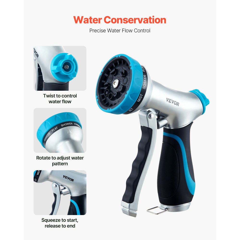 VEVOR Hose Nozzle, 10 Adjustable Spray Patterns, Metal Water Hose Nozzle with Comfortable Ergonomic Grip, Garden Hose Nozzle Sprayer with Flow Control for Watering Plants & Lawns, Washing Cars & Pets