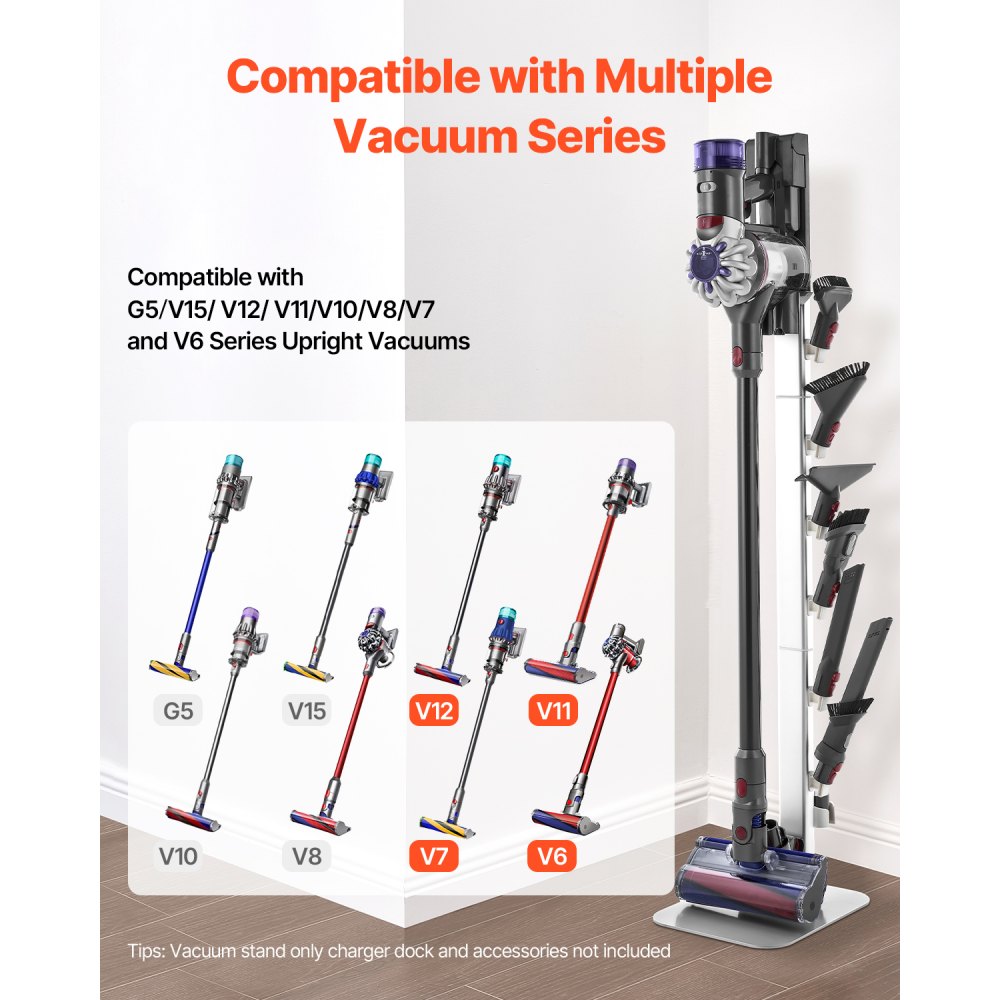 VEVOR Vacuum Stand, Compatible with Dyson G5 V15 V12 V11 V10 V8 V7 V6 Series Upright Vacuums Cleaners & Accessories, Stable Vacuum Stand Holder with 6 Hooks and Non-slip Footpads, Gray