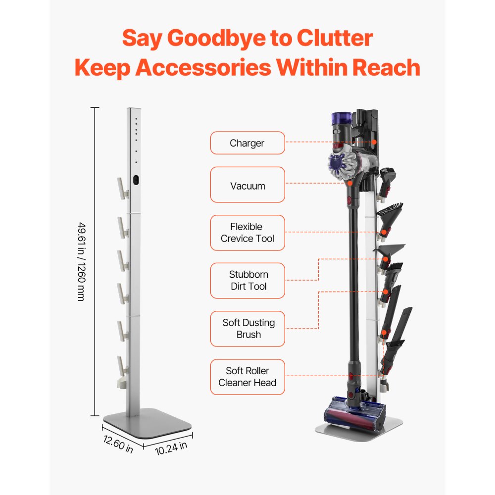 VEVOR Vacuum Stand, Compatible with Dyson G5 V15 V12 V11 V10 V8 V7 V6 Series Upright Vacuums Cleaners & Accessories, Stable Vacuum Stand Holder with 6 Hooks and Non-slip Footpads, Gray