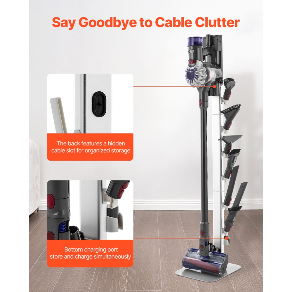 VEVOR Vacuum Stand, Compatible with Dyson G5 V15 V12 V11 V10 V8 V7 V6 Series Upright Vacuums Cleaners & Accessories, Stable Vacuum Stand Holder with 6 Hooks and Non-slip Footpads, Gray