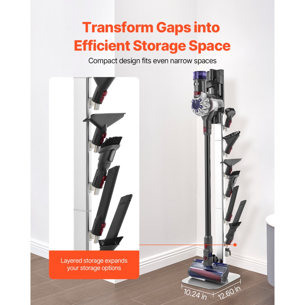 VEVOR Vacuum Stand, Compatible with Dyson G5 V15 V12 V11 V10 V8 V7 V6 Series Upright Vacuums Cleaners & Accessories, Stable Vacuum Stand Holder with 6 Hooks and Non-slip Footpads, Gray