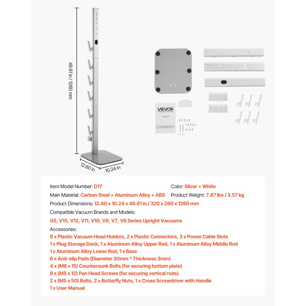 VEVOR Vacuum Stand, Compatible with Dyson G5 V15 V12 V11 V10 V8 V7 V6 Series Upright Vacuums Cleaners & Accessories, Stable Vacuum Stand Holder with 6 Hooks and Non-slip Footpads, Gray